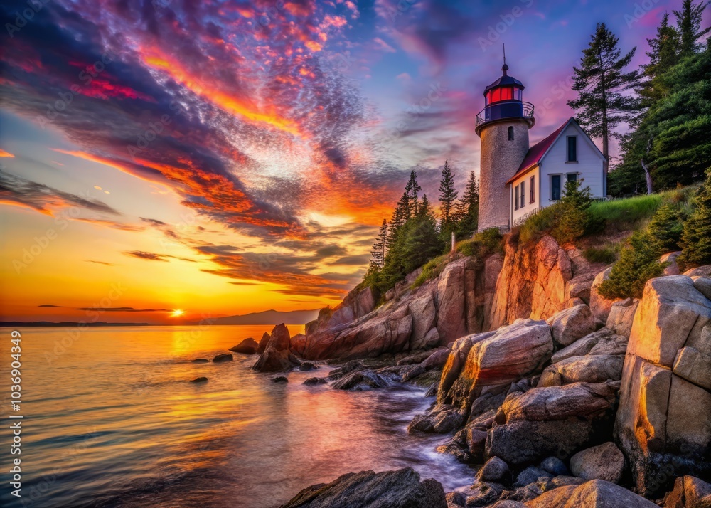 Stunning Bass Harbor Head Lighthouse at Sunrise - Captivating Architectural Photography of Maine's Iconic Lighthouse with Vibrant Colors and Serene Ocean Views Stunning Bass Harbor Head Lighthouse at Sunrise - Captivating Architectural Photography of Maine's Iconic Lighthouse with Vibrant Colors and Serene Ocean Views