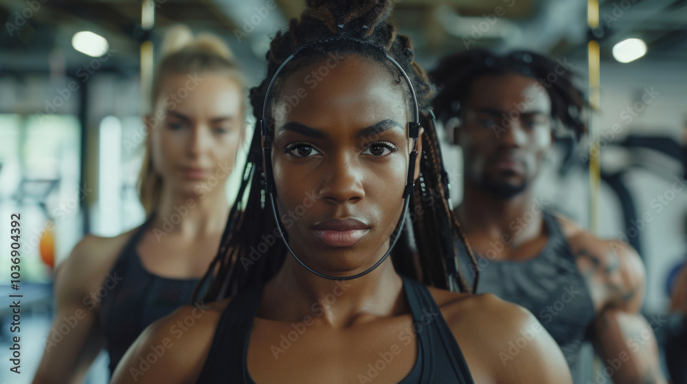 Futuristic Fitness: Women with Cybernetic Enhancements exercise in a modern gym. Generative ai Futuristic Fitness: Women with Cybernetic Enhancements exercise in a modern gym. Generative ai