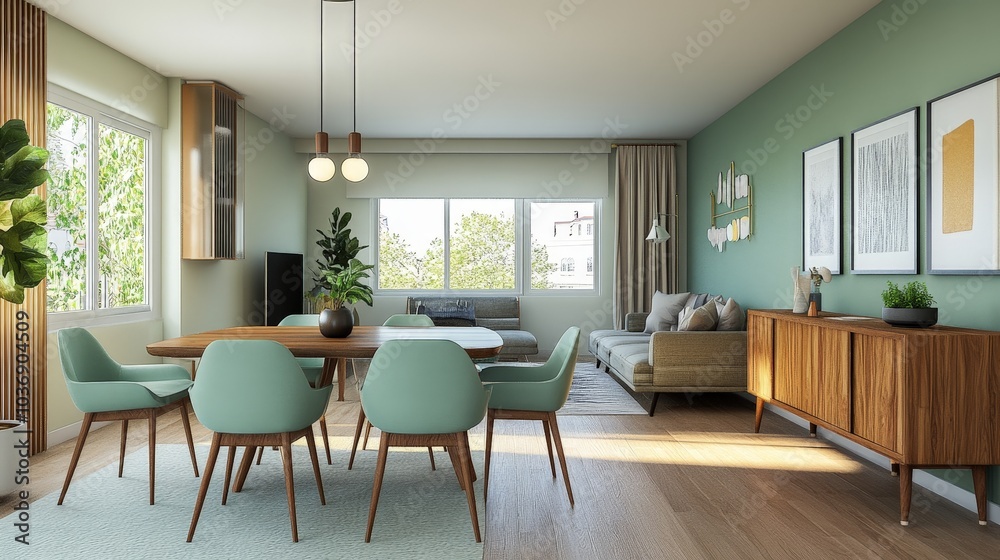 A stylish, open-concept room featuring mint-colored chairs around a wooden dining table, a comfortable modern sofa, and a wooden cabinet near a soft green wall, creating a fresh, inviting atmosphere. A stylish, open-concept room featuring mint-colored chairs around a wooden dining table, a comfortable modern sofa, and a wooden cabinet near a soft green wall, creating a fresh, inviting atmosphere.