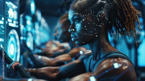 Futuristic Fitness: Women with Cybernetic Enhancements exercise in a modern gym. Generative ai