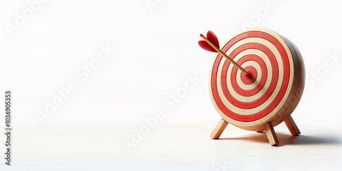 a wooden target with red and white concentric circles. An red arrow embedded in the center of a target, indicating a perfect hit. The target is standing on a wooden stand.