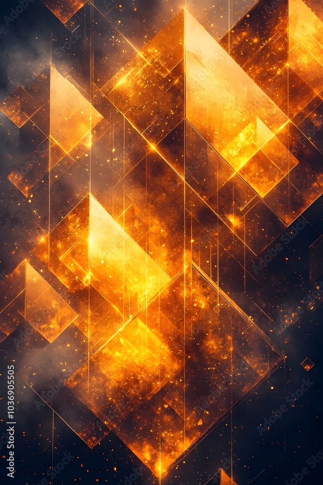 Fototapeta premium An abstract depiction of glowing golden crystals emerging from a dark, smoky background, creating a dramatic and dynamic visual effect.
