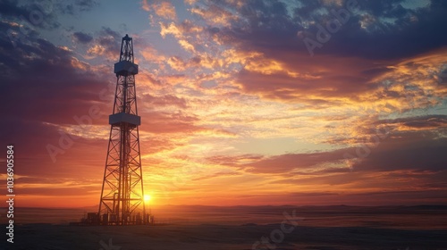 A majestic oil derrick in the middle of an open field at sunset