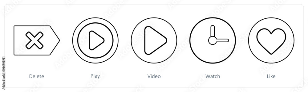 A set of 5 mix icons as delete, play, video A set of 5 mix icons as delete, play, video