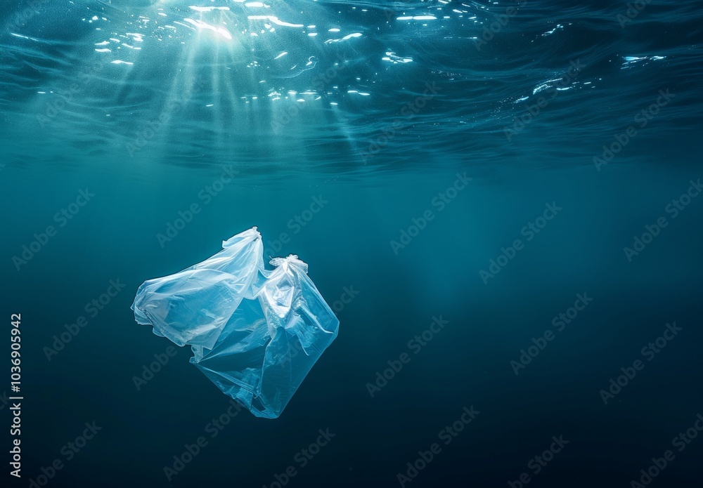 Fototapeta premium Single Plastic Bag Floating in Deep Blue Ocean Illustrating Pollution