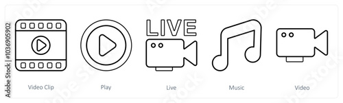 A set of 5 mix icons as video clip, play, live