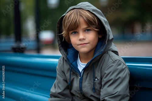 Outdoor portrait of a cute little boy wearing a hooded jacket