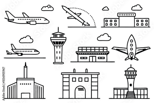 Set of Airport line art illustration