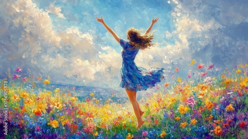 Wallpaper Mural A vibrant image of a young woman dancing barefoot in a flower field, her arms raised to the sky, exuding happiness and freedom, with colorful blooms all around her. Torontodigital.ca