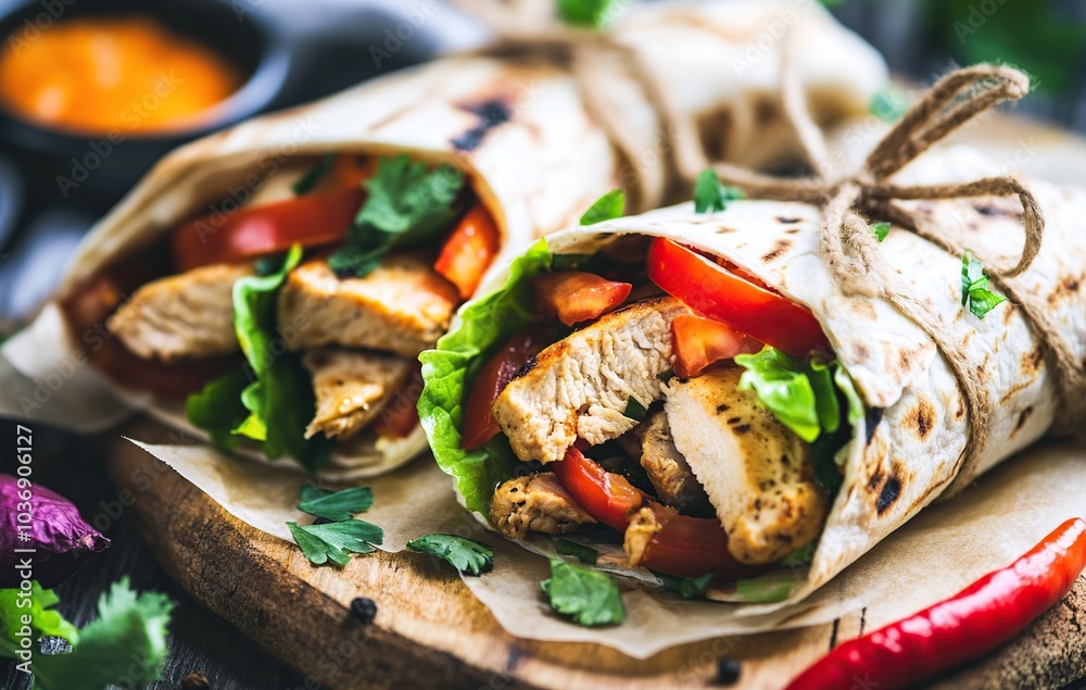 Delicious chicken and vegetable wraps, perfect for a healthy lunch or dinner. Delicious chicken and vegetable wraps, perfect for a healthy lunch or dinner.