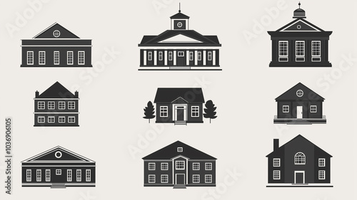 Set of Black Building Icons on White Background