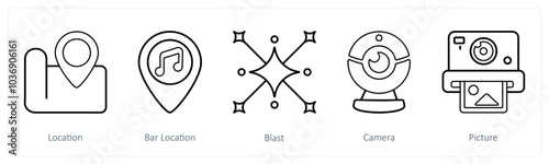 A set of 5 mix icons as location, bar location, blast