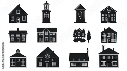 Set of Black Building Icons on White Background