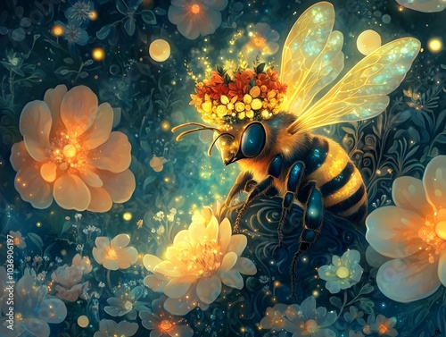 A beautifully illuminated bee with translucent wings adorned with a floral crown, gently resting on vibrant flowers, surrounded by a magical, glowing atmosphere.