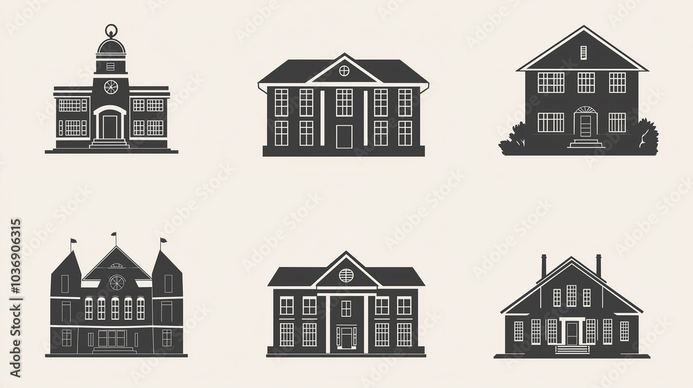 Set of Black Building Icons on White Background Set of Black Building Icons on White Background