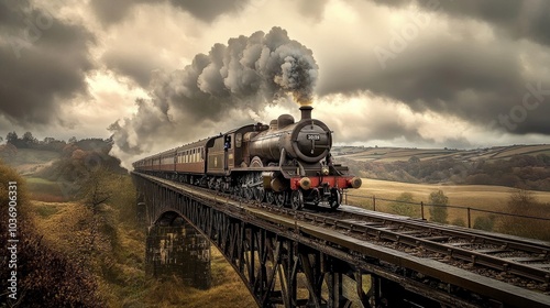 A vintage steam locomotive crossing an old iron bridge, with rolling hills and farmland stretching out in the distance. photo