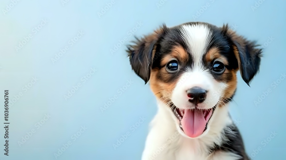 A playful puppy with a joyful expression, set against a soft blue background. A playful puppy with a joyful expression, set against a soft blue background.