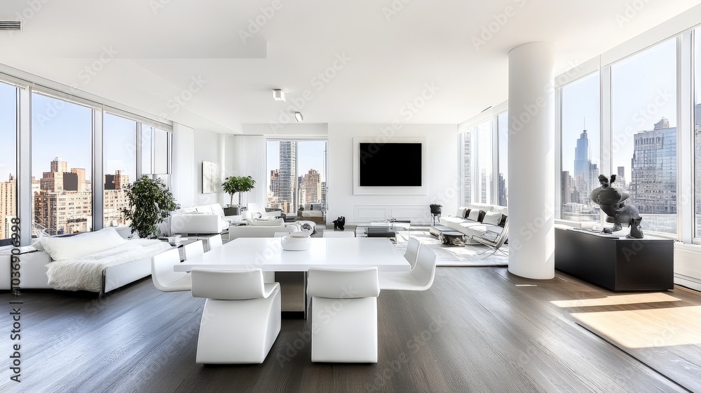A white-walled apartment with an open-plan layout, featuring modern furniture, a dining area with white chairs, and panoramic windows that allow light to fill the space. A white-walled apartment with an open-plan layout, featuring modern furniture, a dining area with white chairs, and panoramic windows that allow light to fill the space.
