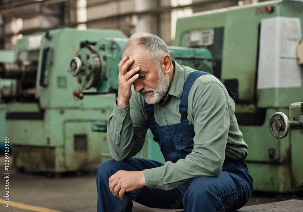 A middle-aged machinist showing signs of stress in a workshop filled with machinery during working hours A middle-aged machinist showing signs of stress in a workshop filled with machinery during working hours