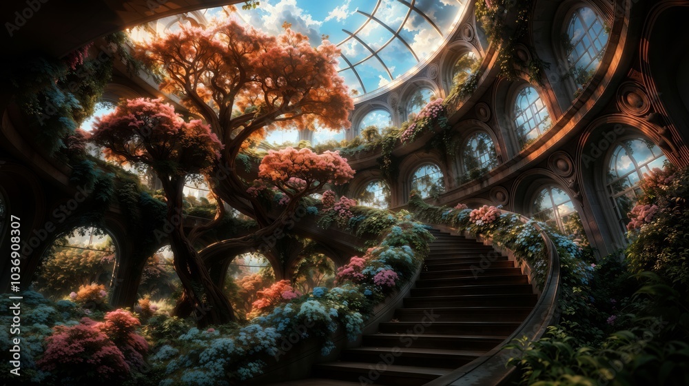 Obraz premium Serene Garden Atrium With Blossoming Tree and Elegant Staircase
