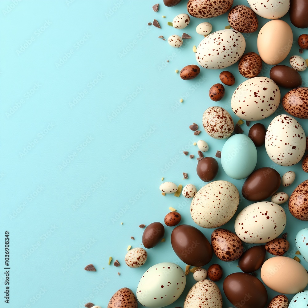 Robin's eggs chocolate eggs form a decorative Easter border with room for text in the center The eggs are brightly colored offering a charming and festive backdrop for Easter designs Robin's eggs chocolate eggs form a decorative Easter border with room for text in the center The eggs are brightly colored offering a charming and festive backdrop for Easter designs