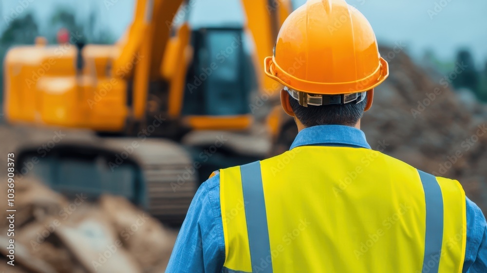 Construction worker overseeing heavy machinery operations at a job site with safety gear in focus Construction worker overseeing heavy machinery operations at a job site with safety gear in focus