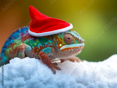 Colored chameleon on the snow in a Santa Claus hat photo