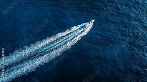 An aerial shot of a sailboat navigating through the open sea, leaving a long, white trail in the deep blue waters behind it.