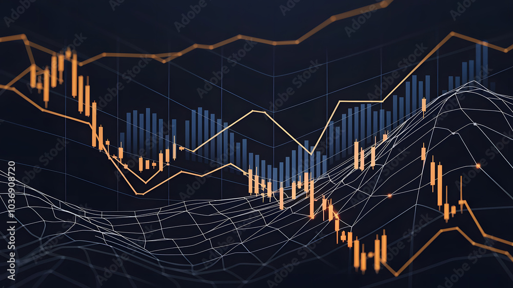 Fototapeta premium Golden lines tracing the path of an abstract market chart over a dark background, symbolizing financial trends. ( Business Concept )