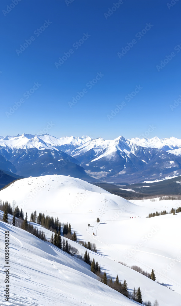 Panoramic view of winter mountains. Landscape of ski resort on a clear sunny day. Alpine mountains covered with white snow against blue sky. Winter holidays. Panoramic view of winter mountains. Landscape of ski resort on a clear sunny day. Alpine mountains covered with white snow against blue sky. Winter holidays.