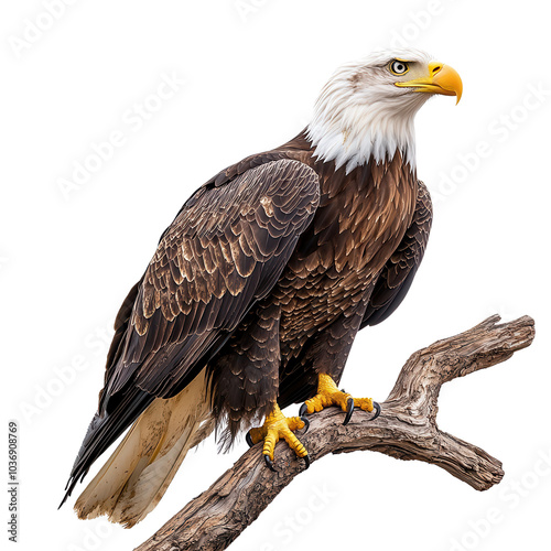 Majestic eagle perched on branch, showcasing its powerful presence and striking features. birds sharp gaze and impressive wingspan evoke sense of freedom and strength photo