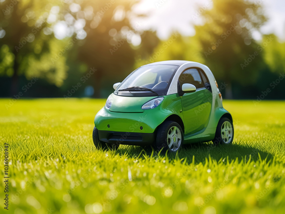 Small Electric Car on Bright Green Lawn. Small Electric Car on Bright Green Lawn.