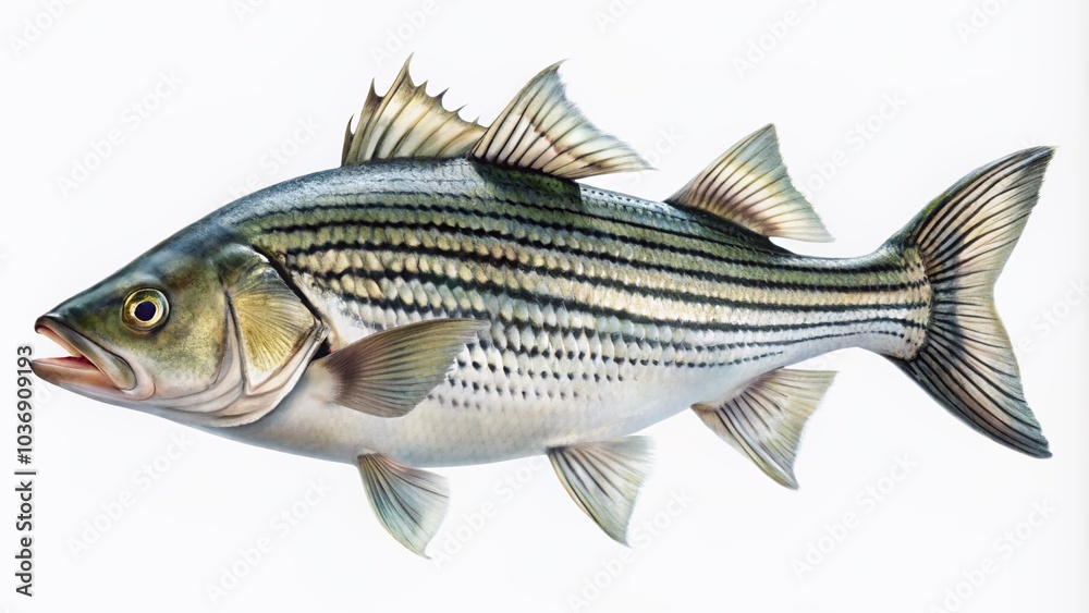 Freshwater striped bass fish with silver scales and horizontal stripes swimming in mid-water, isolated on a clean white background, showcasing its vibrant colors. Freshwater striped bass fish with silver scales and horizontal stripes swimming in mid-water, isolated on a clean white background, showcasing its vibrant colors.