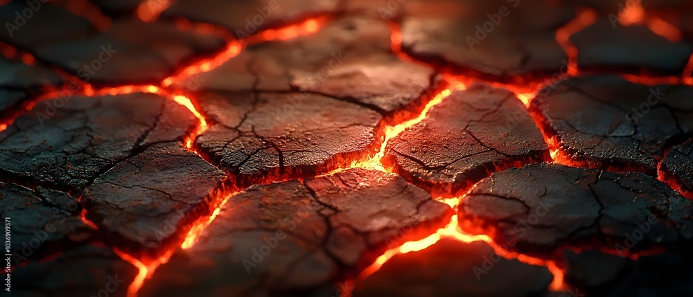 A mesmerizing close-up image of cracked earth illuminated by glowing lava, showcasing the intense heat and vibrant colors of volcanic activity.