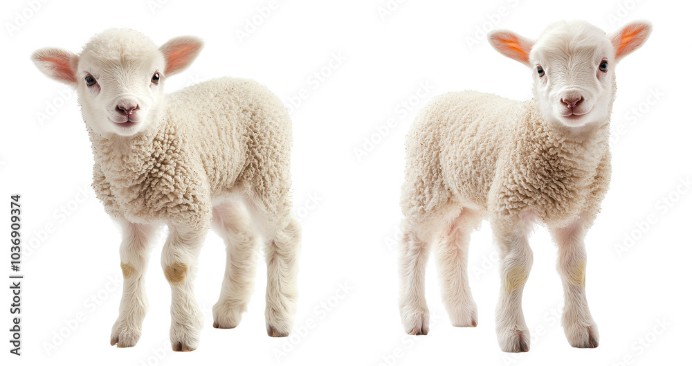 Fluffy lambs standing side by side, showcasing their soft wool and playful expressions. These adorable animals evoke feelings of joy and innocence in serene setting Fluffy lambs standing side by side, showcasing their soft wool and playful expressions. These adorable animals evoke feelings of joy and innocence in serene setting