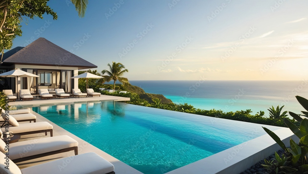 Fototapeta premium A luxurious oceanfront villa with a spacious patio overlooking the water, captured at sunset with warm lighting and serene atmosphere.