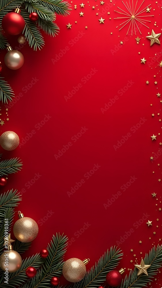 Christmas frame featuring pine branches, blue ornaments, and gold stars on a dark blue background. Festive flat lay composition with copy space for greeting card or banner design