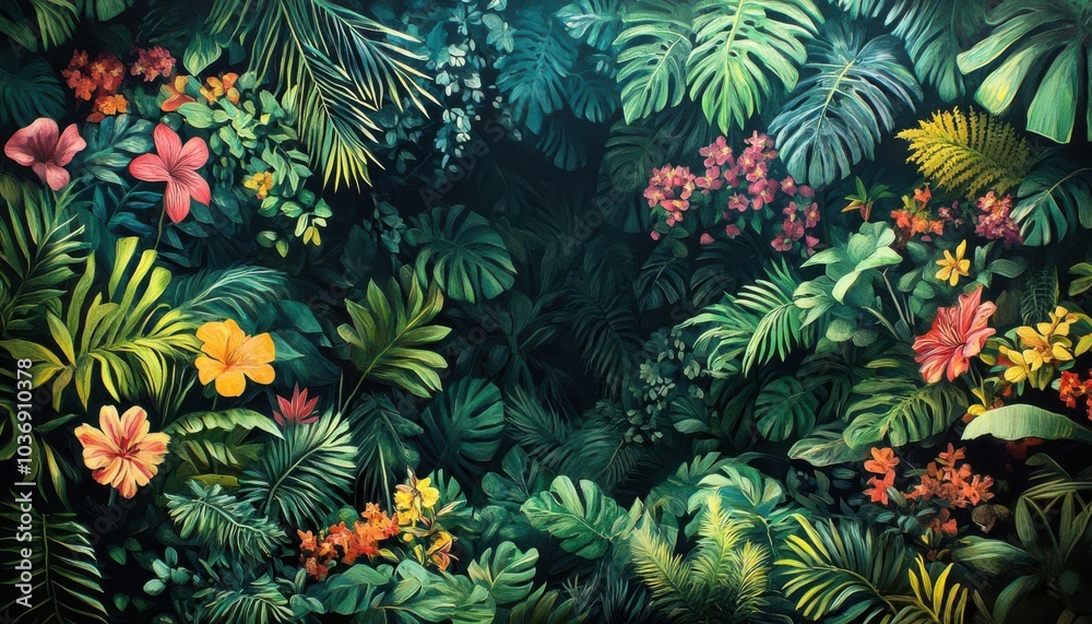 A vibrant tropical foliage scene filled with colorful flowers and lush green leaves. A vibrant tropical foliage scene filled with colorful flowers and lush green leaves.