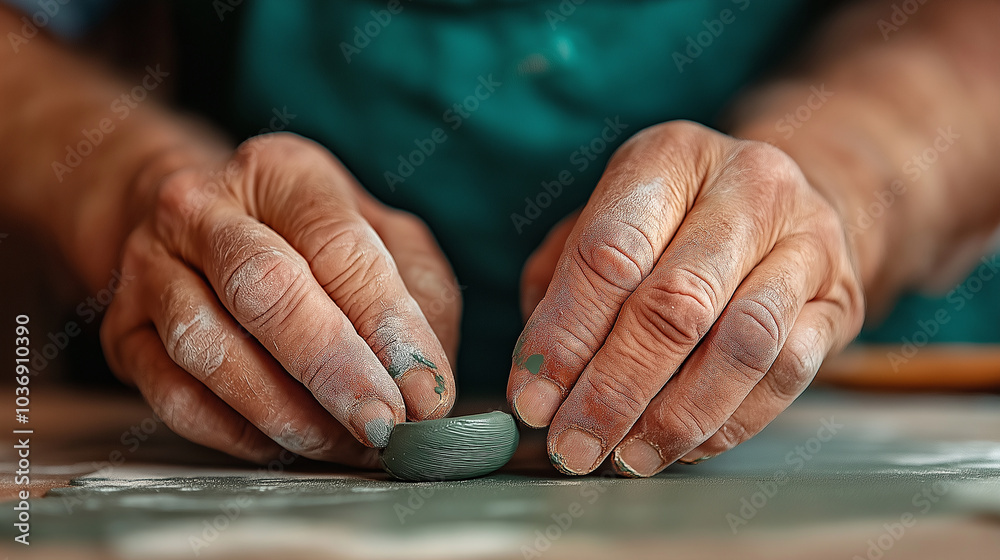 Fototapeta premium A close-up, high-resolution image of a technicianâs hands as they work on repairing grout lines between ceramic tiles. The focus is on the specialized tools being used to scrape aw