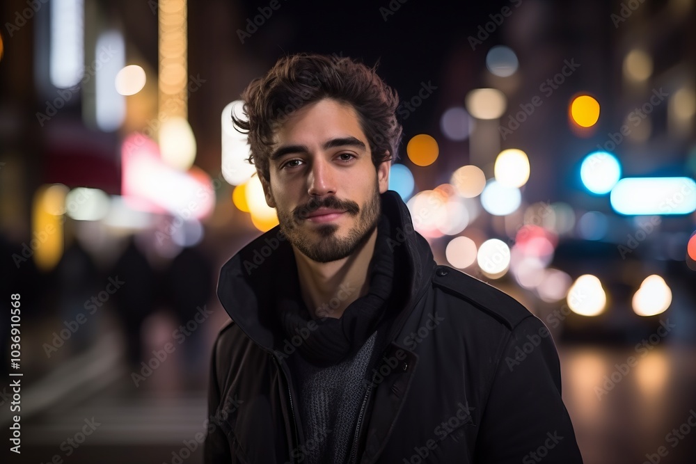 Handsome young man with beard in the city at night. Handsome young man with beard in the city at night.