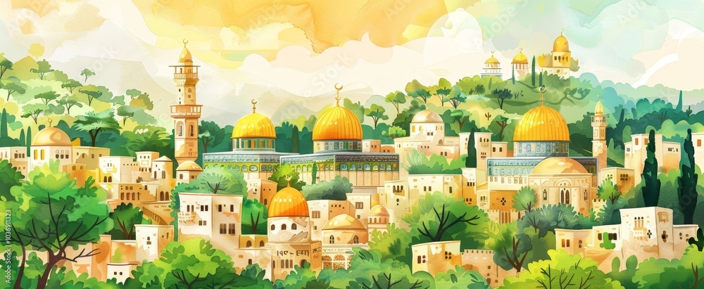 Obraz premium Whimsical Watercolor Depiction of Jerusalem's Ancient Cityscape.