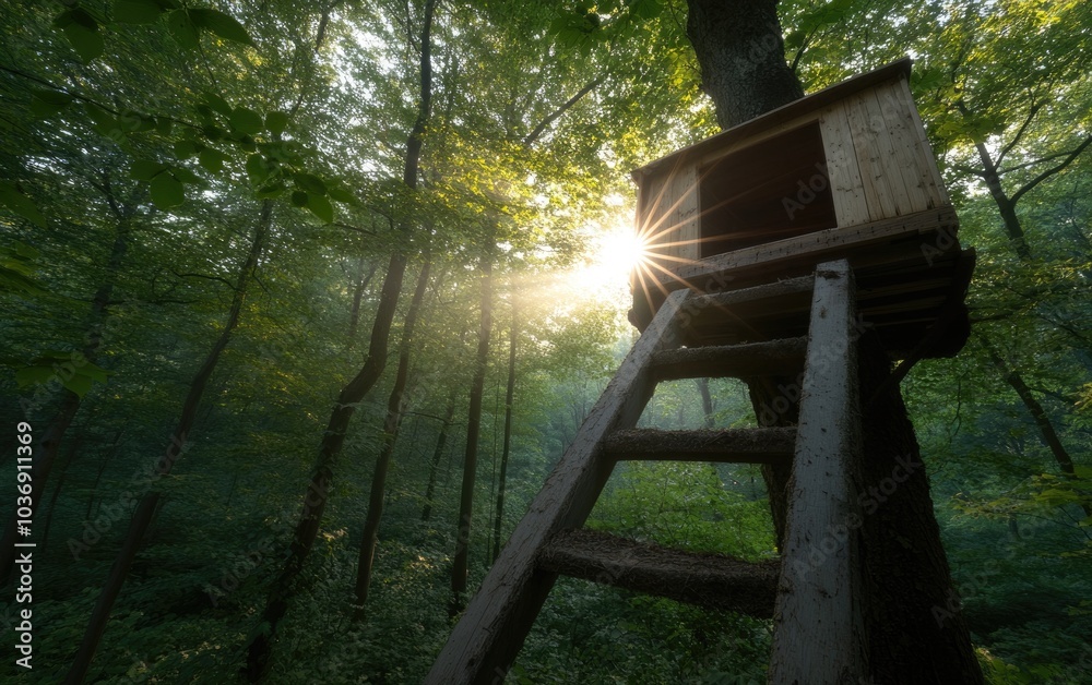 Woodland hideaway: tree house, high in the trees, a serene and whimsical space, the simplicity of nature meets the charm of a handcrafted shelter, creating a perfect escape Woodland hideaway: tree house, high in the trees, a serene and whimsical space, the simplicity of nature meets the charm of a handcrafted shelter, creating a perfect escape