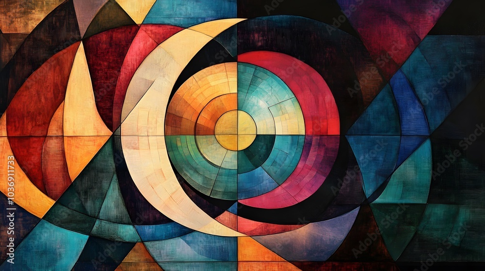 A colorful abstract painting with a large circle in the center. The circle is surrounded by smaller circles and triangles. The painting has a vibrant and energetic feel, with a sense of movement A colorful abstract painting with a large circle in the center. The circle is surrounded by smaller circles and triangles. The painting has a vibrant and energetic feel, with a sense of movement