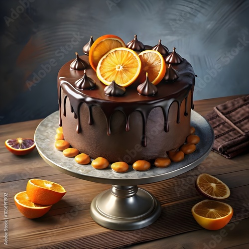 a chocolate cake with chocolate frosting and orange