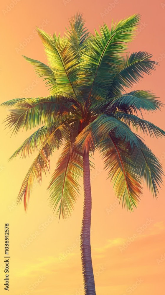 Obraz premium A vibrant palm tree against a colorful sunset background, evoking a tropical atmosphere.