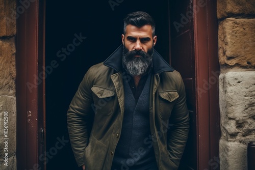 handsome bearded man with long gray beard and mustache on serious face in green leather jacket on wooden door in city