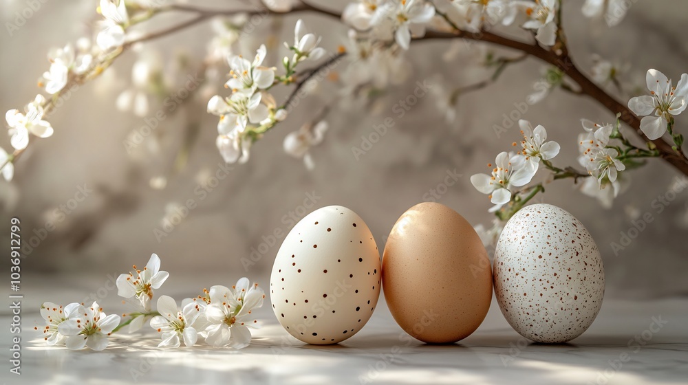 Simple Easter scene featuring trio of lightly patterned eggs on a smooth muted background The clean lines and minimal design give it a refined modern feel with space for an Easter message Simple Easter scene featuring trio of lightly patterned eggs on a smooth muted background The clean lines and minimal design give it a refined modern feel with space for an Easter message