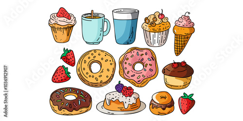 Illustration with various sweets and fruits in cartoon design