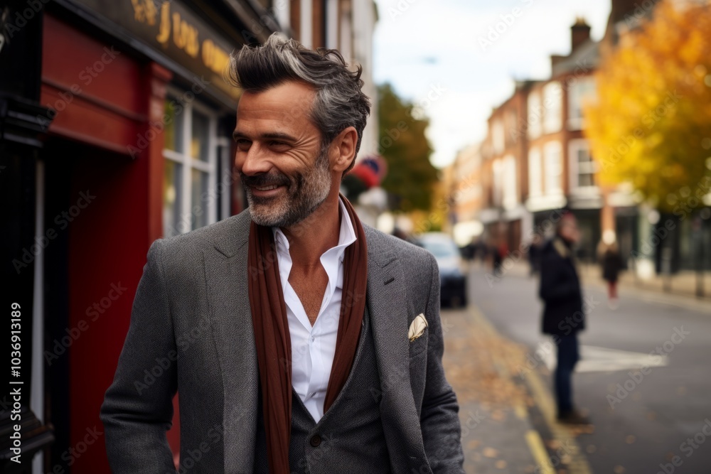 Portrait of a handsome middle-aged man wearing a coat and smiling while walking in the city Portrait of a handsome middle-aged man wearing a coat and smiling while walking in the city