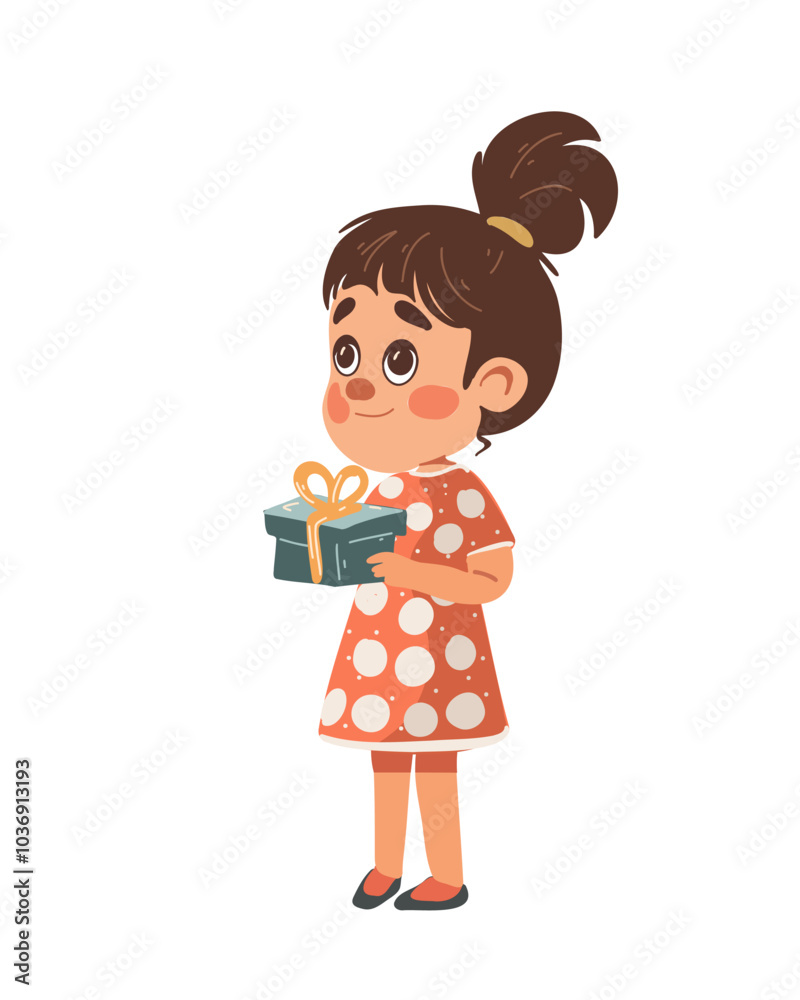Little girl standing with gifts and smiling, cartoon style Little girl standing with gifts and smiling, cartoon style